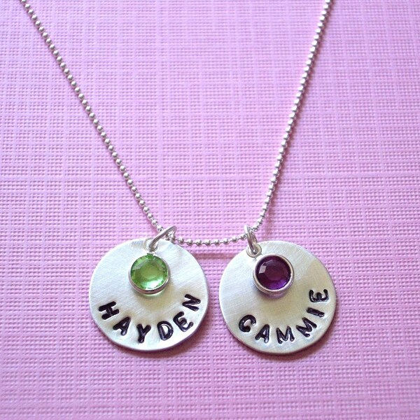 Two Tags with Birthstones - Hand stamped Sterling Silver Necklace
