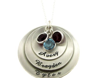 Mothers Personalized Jewelry -  Three Discs and Birthstones in Script Font