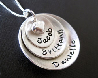 Hand Stamped Jewelry - Domed Hand Stamped Personalized Sterling Silver Necklace for Mom - Three Pendants