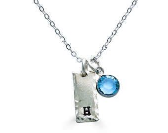 Tiny Initial  with Birthstone -Sterling Silver Hand Stamped Jewelry By Hannah Design