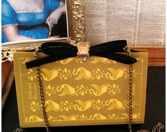 Jane Austen Pride and Prejudice Book Clutch, Chartreuse Swan Print, Literary Purse