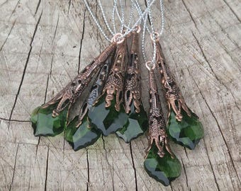 6 Victorian Gothic Christmas Tree Icicle Decorations – Antique Copper Metal Filigree Ornaments Green Crystal Glass Baubles, Steampunk Style