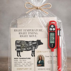 May include: A gift set in a clear cellophane bag tied with twine. The set includes a red digital meat thermometer, a red pen, and cards with beef temperature guides and a Century 21 business card.