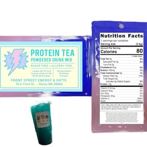 May include: A blue and purple packet of Protein Tea powdered drink mix with a pink lightning bolt graphic, alongside a Nutrition Facts label listing 80 calories and 10g of protein, and a small teal container with a peace, heart, and pumpkin sticker.
