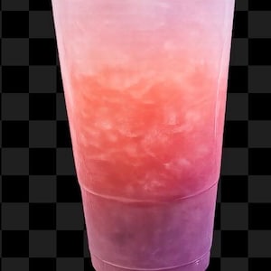 May include: A clear plastic disposable cup filled with a cold beverage that transitions from a light pink at the top to a deeper magenta and purple hue at the base, containing crushed ice throughout the liquid and topped with a clear plastic lid.