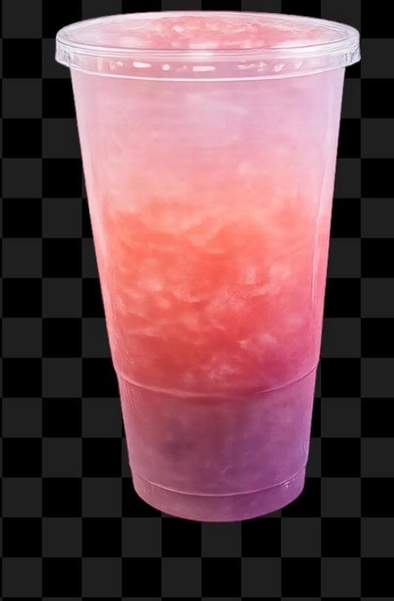 May include: A clear plastic disposable cup filled with a cold beverage that transitions from a light pink at the top to a deeper magenta and purple hue at the base, containing crushed ice throughout the liquid and topped with a clear plastic lid.
