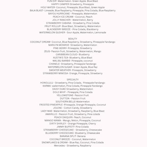May include: A printed menu on a white background featuring three categories: LOADED, BEAUTY, and SPECIALTY. Each section lists various drink names followed by their specific fruit flavor combinations, such as Strawberry, Pineapple, and Coconut.
