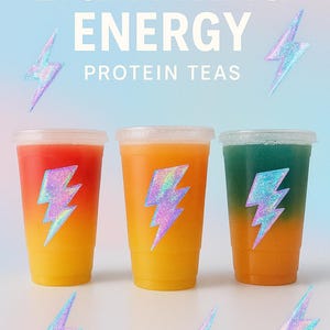 May include: Three clear plastic cups filled with colorful protein teas, featuring a gradient of red, orange, and green. Each cup has a holographic lightning bolt sticker. The text "LIGHTNING ENERGY PROTEIN TEAS" is displayed above the drinks.