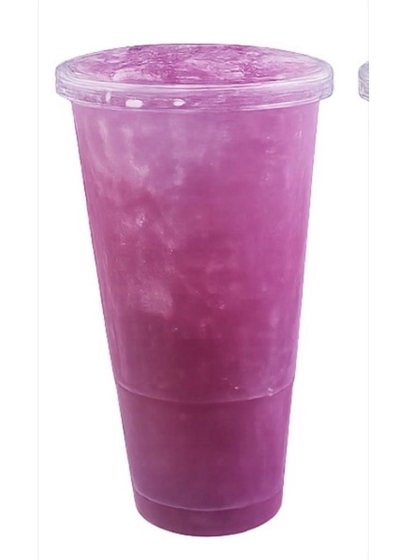May include: A clear plastic tumbler filled with a vibrant purple liquid and ice cubes. The cup features a tapered cylindrical shape with a smooth surface and a matching clear plastic lid secured firmly on the top rim of the container.