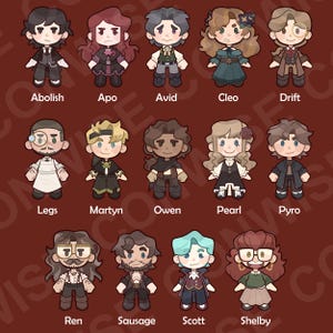 May include: Illustration of 15 cartoon characters with various hairstyles and outfits, each labeled with a name. The characters are in a variety of poses and wear different clothing styles, including suits, dresses, and casual wear. The background is a solid maroon color.
