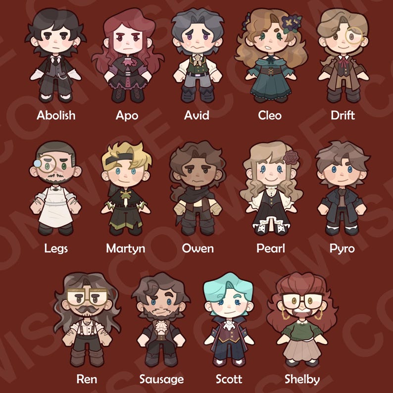 May include: Illustration of 15 cartoon characters with various hairstyles and outfits, each labeled with a name. The characters are in a variety of poses and wear different clothing styles, including suits, dresses, and casual wear. The background is a solid maroon color.