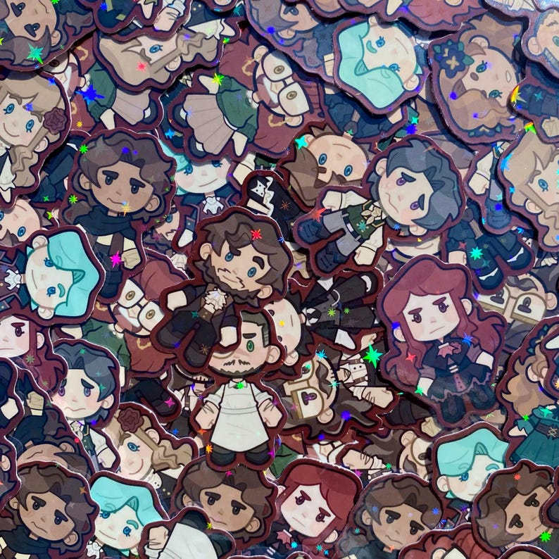 May include: A collection of holographic stickers featuring cartoon illustrations of various characters. The stickers have a dark red border and a shiny, iridescent finish. The characters have different hair colors and outfits.