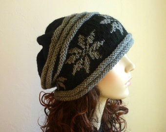 Unisex Slouch hat with snowflakes,Hand knitted winter hat in black and gray