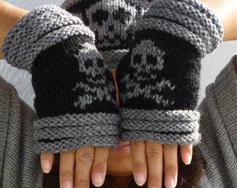 Knitted Fingerless mittens-Fingerless Gloves-Wrist warmer with skull and cross bones