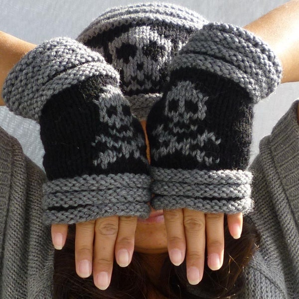 Knitted Fingerless mittens-Fingerless Gloves-Wrist warmer with skull and cross bones