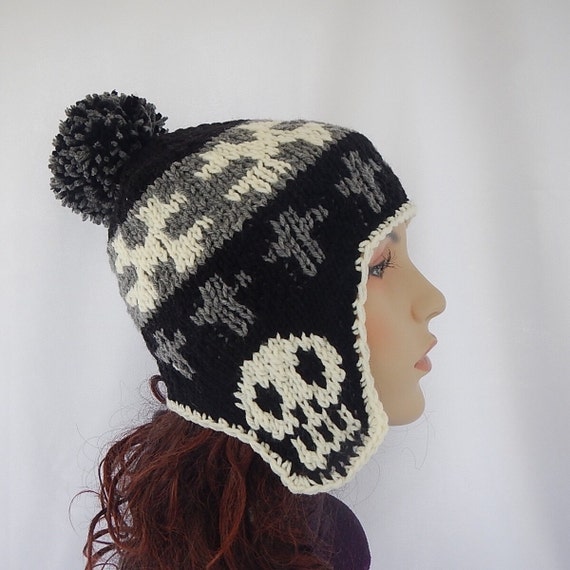 Skulls Cross Bone Ear Flap Beanie With Pom Pom - Etsy