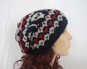 Knitted slouchy hat with skulls/ skulls pattern/ fair isle hat /knit hat