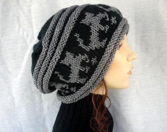 Cat Lover Alert - Slouch hat with cats in black and gray,hand knit hat, unisex hats