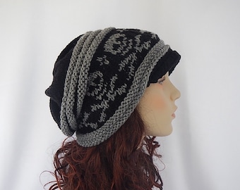 Hand knit Slouch hat with skulls and cross bone in black and gray-Newsboy style