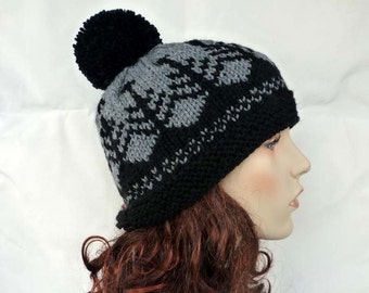 Hand knitted beanie with pom-pom /Tree /Unisex hat /Fair Isle knitting in black and gray color