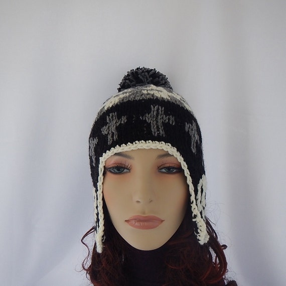 Vintage earflap-like beanie/skull cap/hat Skulls Cross Bone Ear Flap Beanie With Pom Pom - Etsy main image 4