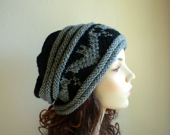 Hand knitted black slouch hat with gray bat pattern/tam/cloche/unisex hats