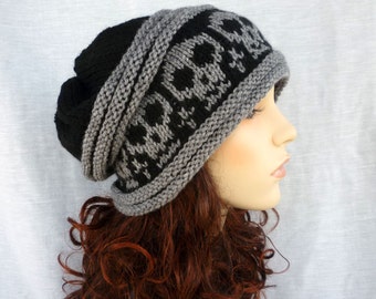 Hand knit Slouch hat with skulls in black and gray