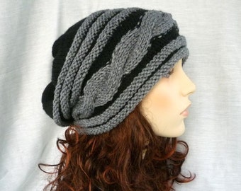 Slouchy hat with cable stitches/unisex in black and gray