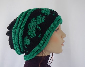 Knit slouchy beanie with shamrock / St.patrick's day / gift idea / unisex hat