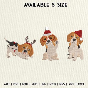 Desenho de bordado de Natal para cachorro Beagle, arquivo de bordado para chapéu de Papai Noel fofo de cachorrinho, download digital de chifres de rena para animais de estimação