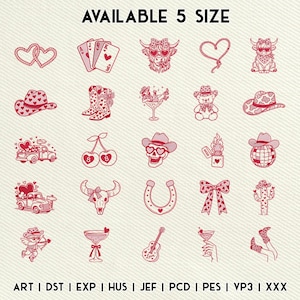 Könnte beinhalten: Eine Sammlung roter und weißer Illustrationen mit Valentinsthema. Die Designs umfassen Herzen, Spielkarten, einen Bullen, Cowboyhüte, Stiefel, einen Teddybären, einen Truck, Kirschen, einen Totenkopf, ein Feuerzeug, einen Globus, ein Hufeisen, eine Schleife, einen Kaktus, einen Amor, einen Cocktail, eine Gitarre und Stiefel. Der Text "AVAILABLE 5 SIZE" steht oben.