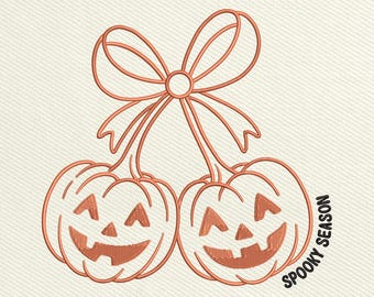 Halloween Pumpkins Bow Embroidery Design, Girly Pumpkin Face Spooky Season File, Cute Fall Aesthetic Stitch, Instant Download