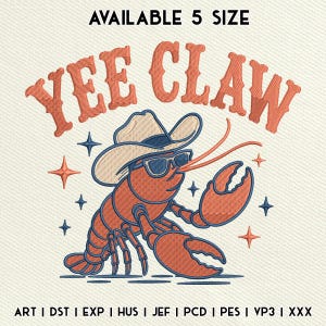 Yee Claw Crawfish broderidesign, rolig cowboy hummer broderifil, western maskinbroderi direkt nedladdning
