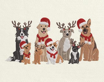 Christmas Dogs Embroidery Design, Holiday Puppies with Santa Hats and Reindeer Antlers, Cute Festive Pet Machine Embroidery File