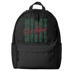 May include: Black backpack with a front pocket and top handle. The backpack features the words "MERRY CHRISTMAS" in green and red lettering. The word "MERRY" is stacked four times in green, with "Christmas" in a cursive red font.