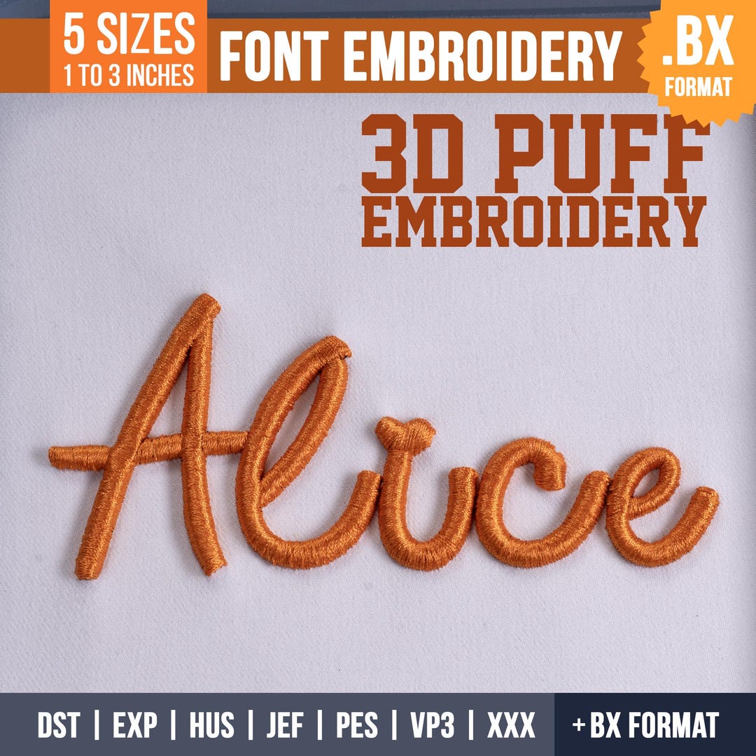 3D Puff Cursive Script Embroidery Font: | BX Font | PES DST Fonts + 5 ...