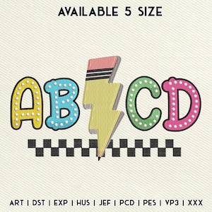 May include: Embroidered design featuring the letters A, B, C, and D in various colors, with a yellow lightning bolt. The design includes the text "AVAILABLE 5 SIZE" and file type abbreviations.