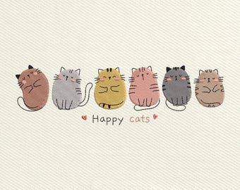 Glückliche Katze Stickdatei, süße Katze Stickdatei, Tier Stickmaschine Stickdatei, Instant Download, enthält 5 Größen