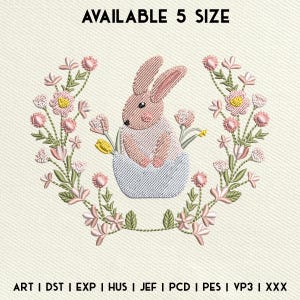 Easter Bunny Wildflowers Embroidery Design, Easter Wreath Embroidery Design, Easter Flower Machine Embroidery File, Instant Download, 5 Size