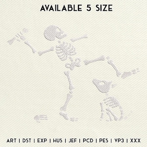 May include: An embroidered design featuring a skeleton and a dog, both depicted in a light gray color. The text "AVAILABLE 5 SIZE" is at the top. Below the design are the file formats: ART, DST, EXP, HUS, JEF, PCD, PES, VP3, and XXX.