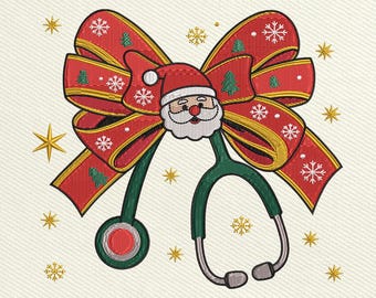 Santa Stethoscope Bow Embroidery File, Christmas Nurse Ornament Design, Festive Medical Digital Download