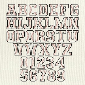 Design de bordado de letras de beisebol, Design de bordado de alfabeto de beisebol, Arquivos de bordado de máquina de beisebol com número de pacote, Download instantâneo