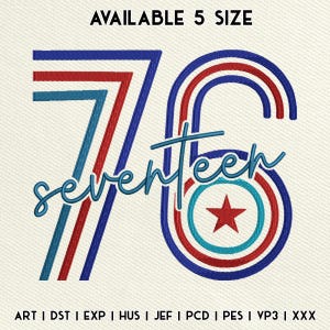 May include: An embroidered design featuring the number "76" in red, white, and blue, with the word "seventeen" in a script font. A red star is centered within a circular design. The text "AVAILABLE 5 SIZE" is at the top.