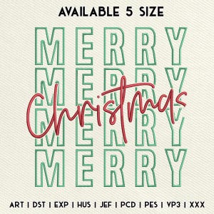 May include: A Christmas-themed design with the word "MERRY" stacked five times in green, outlined letters. The word "Christmas" is written in red cursive over the stacked words. The text "AVAILABLE 5 SIZE" is at the top.