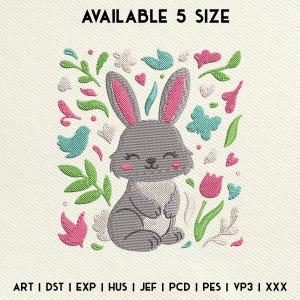 Happy Easter Bunny Embroidery Design, Easter Flower Embroidery Design, Easter Rabbit Machine Embroidery File, Instant Download, 5 Size