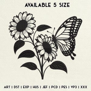 Puede incluir: Diseño de bordado en blanco y negro con girasoles y una mariposa. El diseño incluye el texto "AVAILABLE 5 SIZE" y abreviaturas de tipo de archivo. La imagen muestra un patrón floral e insecto detallado.