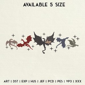 Puede incluir: Cinco diseños de dragones bordados en diferentes colores, incluyendo rojo, negro, azul y verde. Los diseños están dispuestos en una fila y están rodeados de pequeñas estrellas. El texto "AVAILABLE 5 SIZE" está en la parte superior de la imagen. El texto "ART I DST I EXP | HUS | JEF | PCD | PES | VP3 | XXX" está en la parte inferior de la imagen.