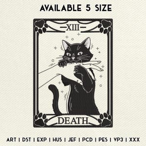 Diseño de bordado de la carta de la muerte del tarot del gato negro, archivo de bordado gótico de Halloween, archivo digital ocultista espeluznante, descarga instantánea