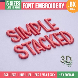 Può includere: Testo ricamato rosso su sfondo bianco. Le parole "SIMPLE STACKED" sono visualizzate in pila. Il testo misura da 3,8 a 8,9 cm. L'immagine include anche il testo "FONT EMBROIDERY" e "5 SIZES".