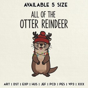 Cute Otter Reindeer Embroidery File, Christmas Animal Digital Machine Embroidery, Funny Holiday Otter With Lights, Instant Download